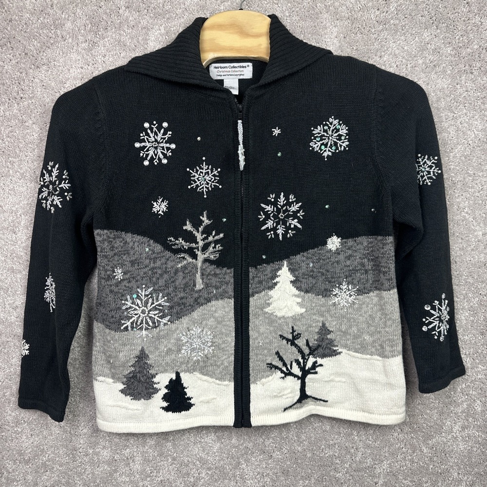 Heirloom Collectibles Womans Zip Up Sweater Snowflakes Holiday Winter Size Large